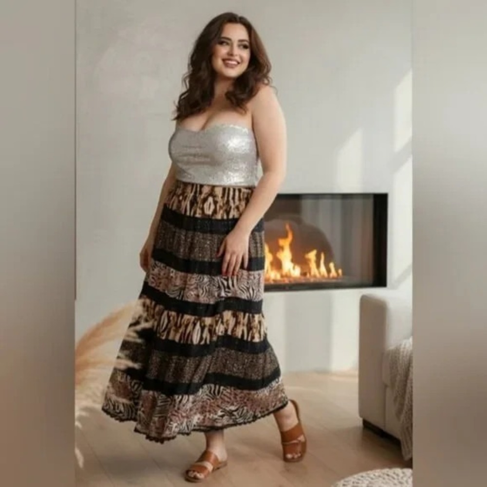 Life Style  Size 1X Mixed Media Pull On Boho Full Maxi Skirt Hippie Relaxed Fit
